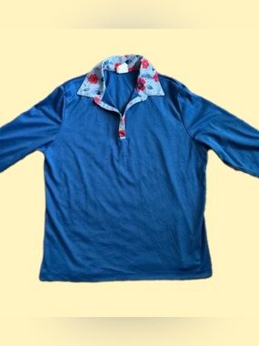 Genuine Vintage 1960’s 1970’s Royal Blue, Red Flowers V Neck Blouse, Retro, Mod